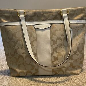 Coach Beige Signature Canvas Shoulder Bag with Cream Trim